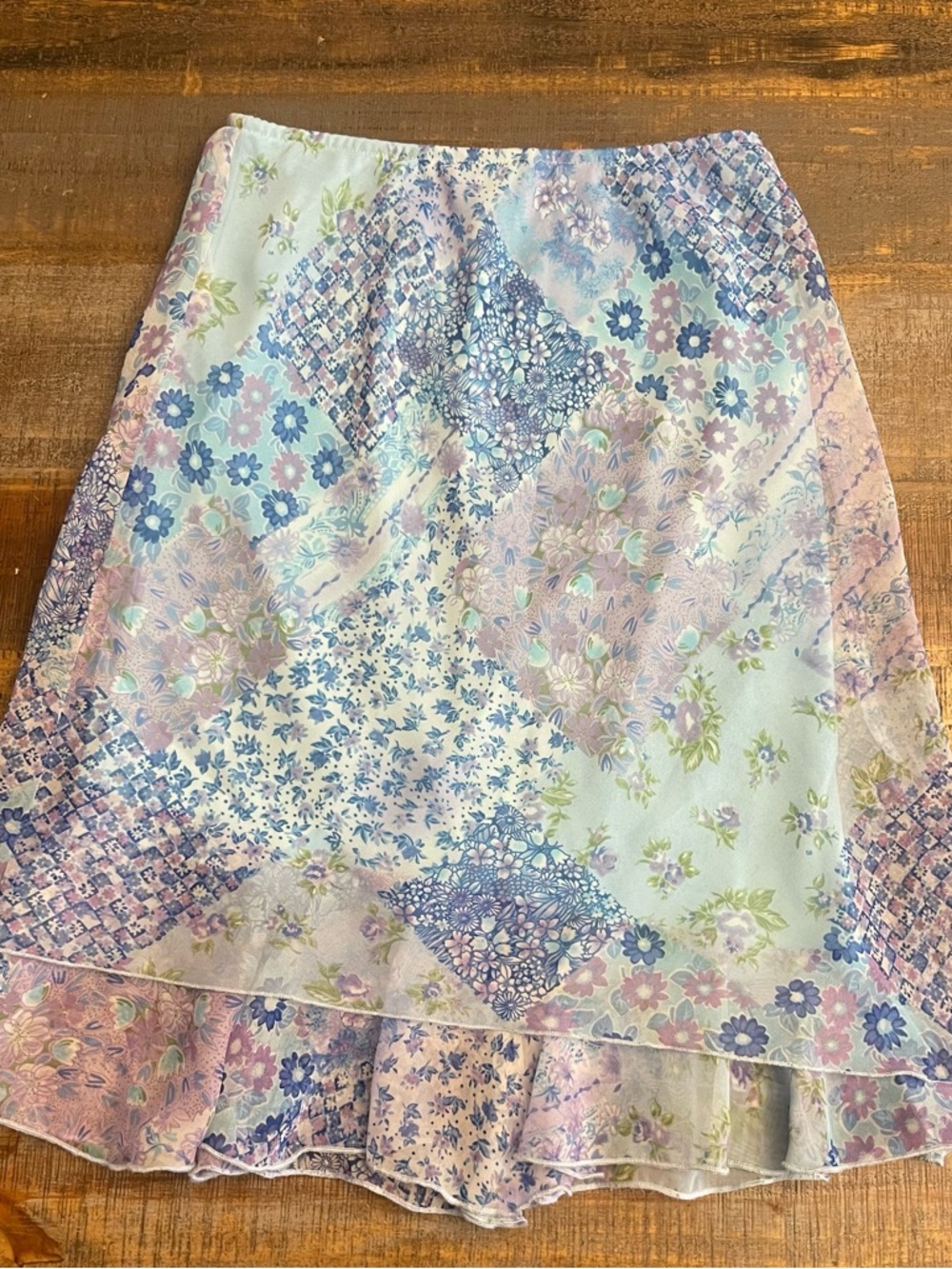 IZ Byer women’s Floral Patchwork Midi Skirt in Pastel Blue and purple